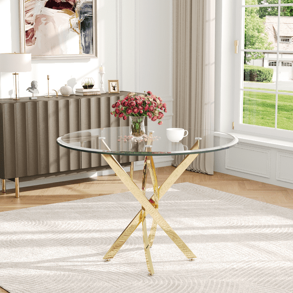 36" Round Glass Dining Table with Stainless Steel Legs, Modern Small Kitchen Table with Tempered Glass Top for Dining Room, Apartment, Kitchen