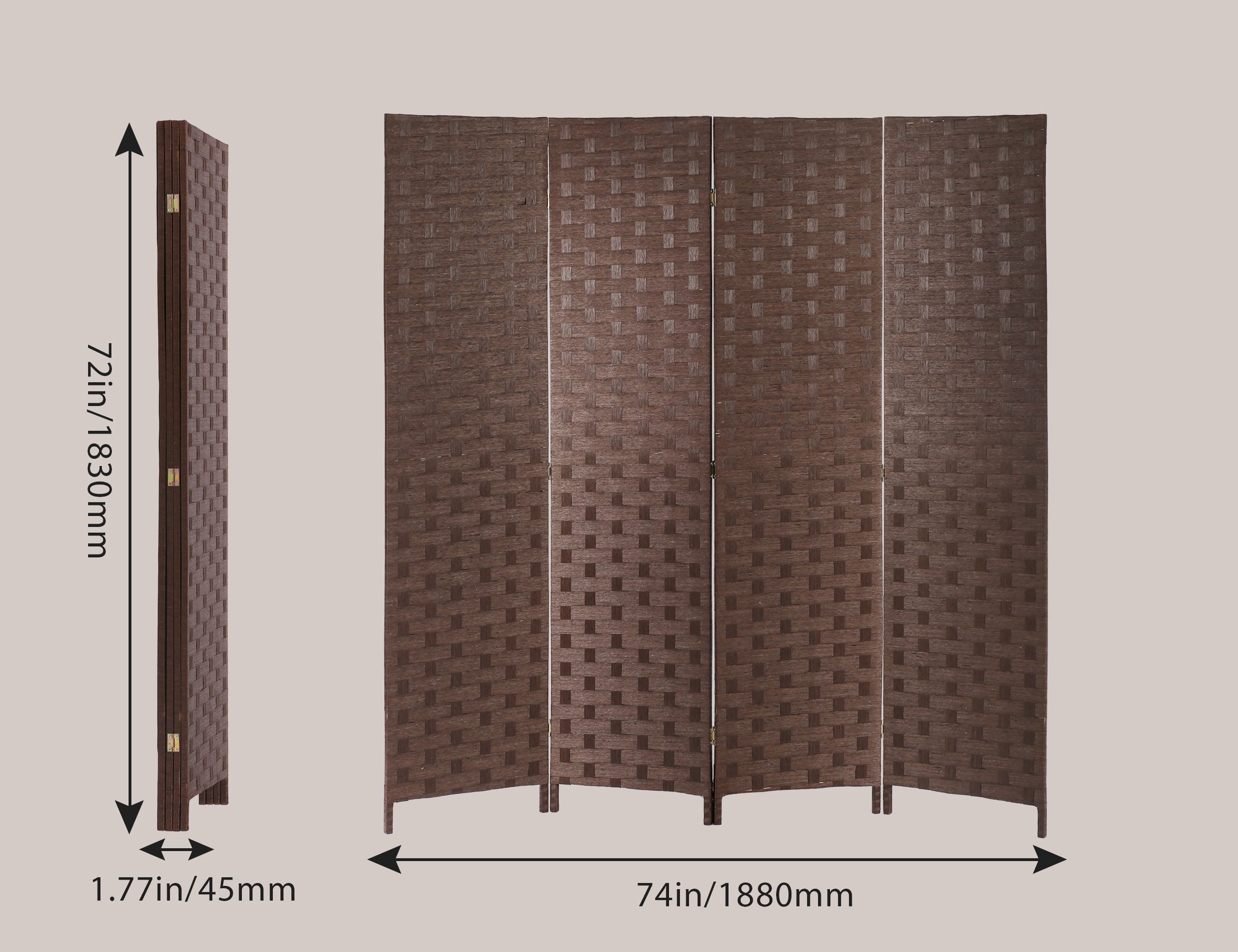 YRLLENSDAN 4 Panel Room Dividers, 6FT Room Partitions and Dividers for Room Separation Hand-Woven Design Portable Wall Folding Screen Privacy Screens, Brown