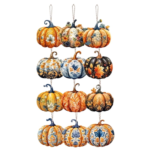 Fall Thanksgiving Day Hanging Pumpkin- Maple Leaf Gingham Fabric Wrapped Hanging Ball Ornament for Farmhouse Fall Autumn Thanksgiving Party Home Decor, 12pcs