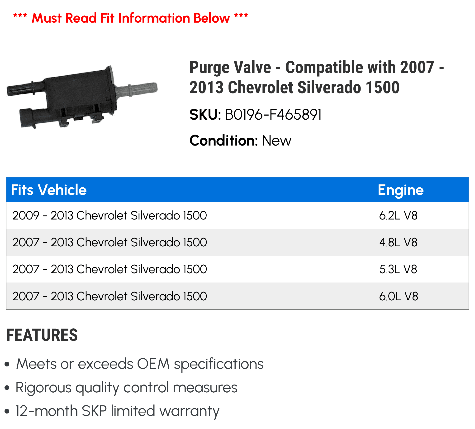 Purge Valve - Compatible with 2007 - 2013 Chevy Silverado 1500 2008 2009 2010 2011 2012