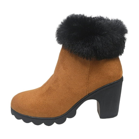Wensltd High Heel Boots for Women Plush Lined Round Toe Winter Warm All Day Comfortable Black