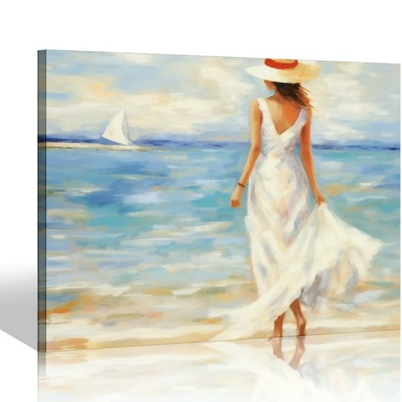 COMIO Abstract Beach Picture Wall Art: Girl & Ocean Artwork Seascape Painting on Canvas for Bathroom (16” x 12”)