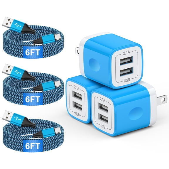 USB Charger Block, 3 Pack USB Wall Charger with 6FT Type C Charger Cable Cord USB-C Charging Cable, Dual Port Phone Charger Android Fast Charging Block USB Plug Adapter USB Charging Block