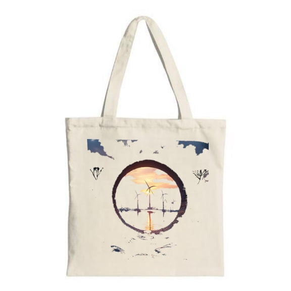Serene Sunset Tote Bag - Circular Design with Wind Turbines & Silhouetted Trees Eco-Friendly Canvas for Travel Parties & Shopping