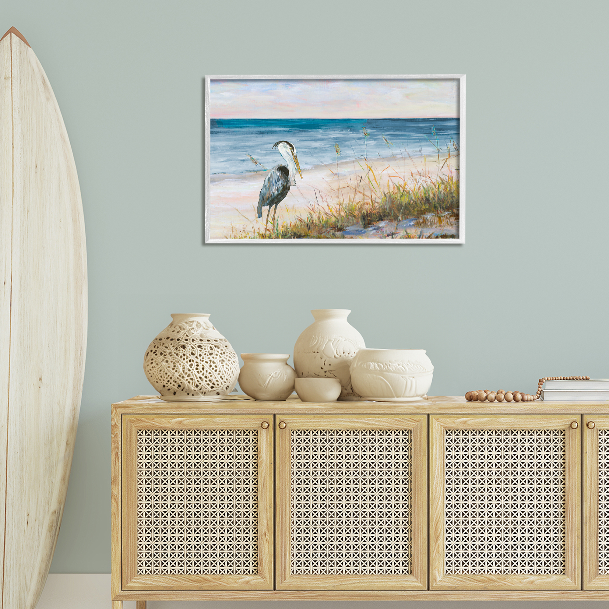 Stupell Industries Calm Pelican on Beach Landscape Painting White Framed Art Print Wall Art, 30 x 20