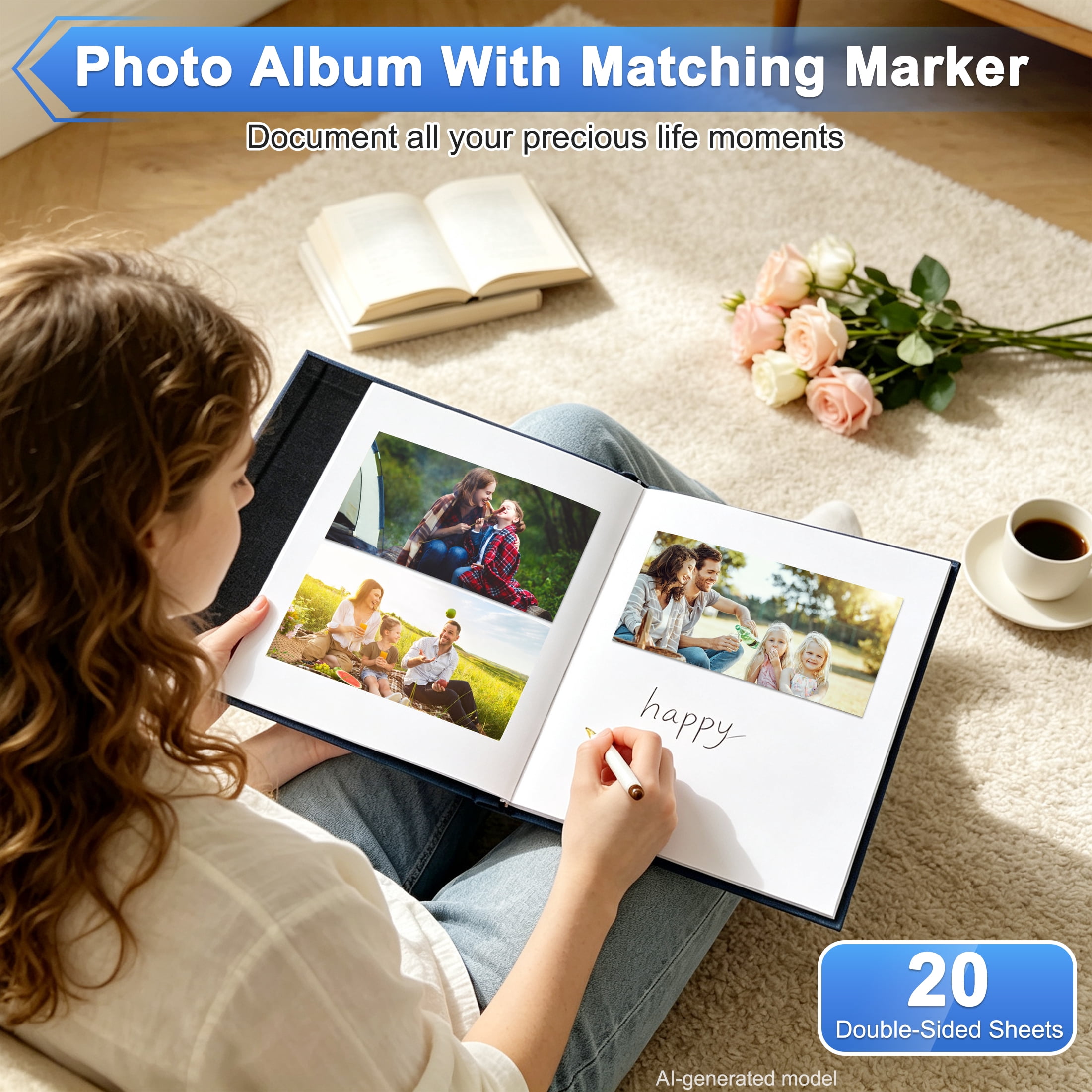 Photo Album Self Adhesive for 4x6 5x7 8x10, DIY Picture Scrapbook, 20 Sheets/40 Pages Linen Cover with Display Window, Scrapbook Album for Moms, Families, Weddings, Blue