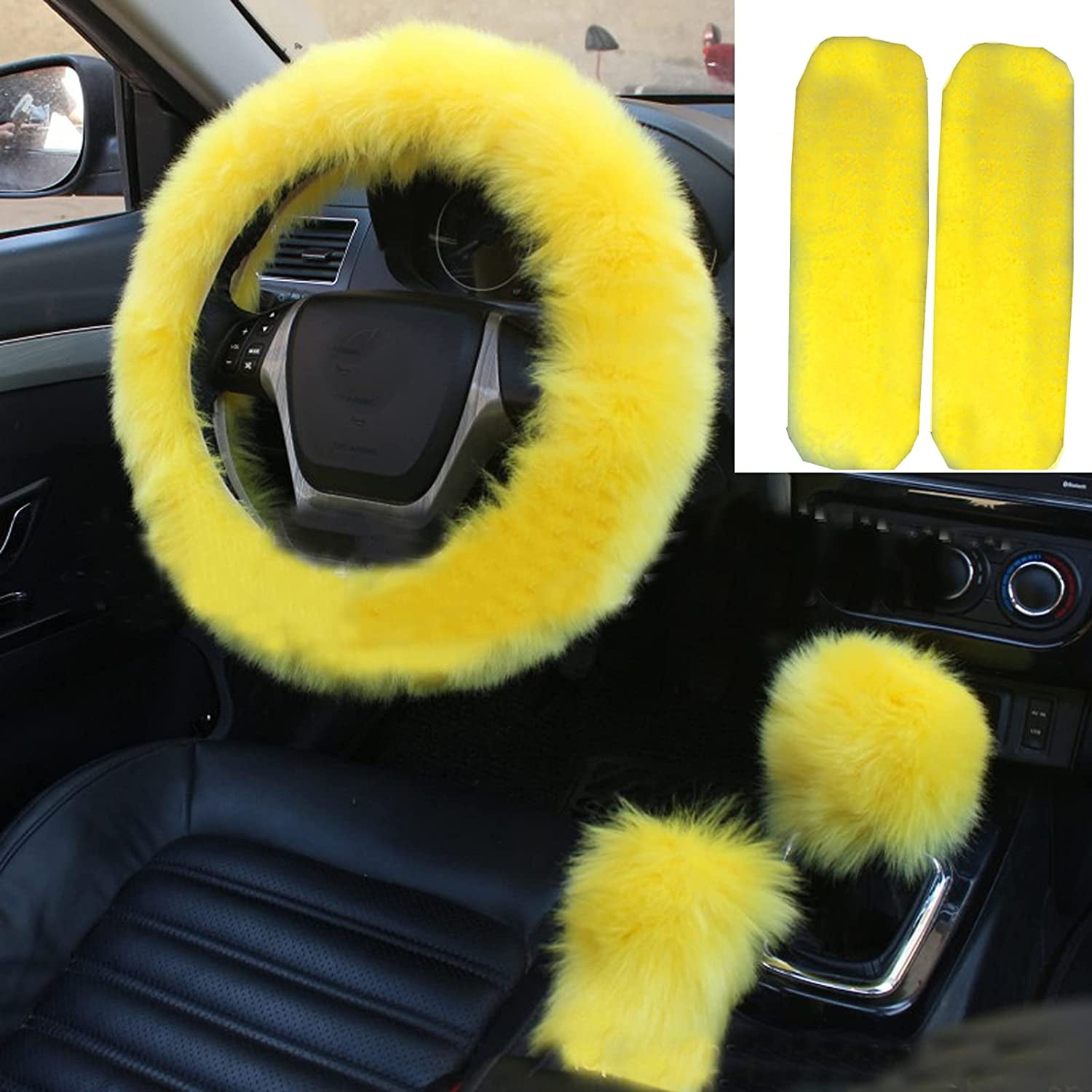 1 Set 5 Pcs Fluffy Steering Wheel Cover Set Handbrake Cover Gear Shift Cover Set Seat Belt Shoulder Pads Car Interior Furry Steering Wheel Covers Fit for 15 Inch