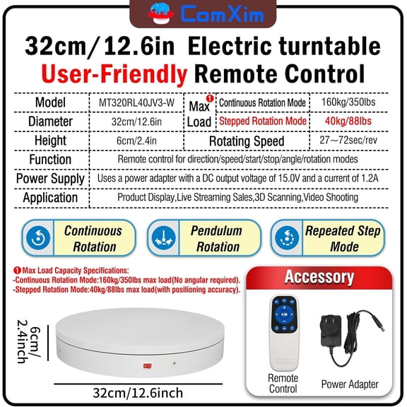 12.6 Inch Electric Rotating Platform with Remote Control, 350lbs Heavy Duty Turntable for Photography and 3D Scanning