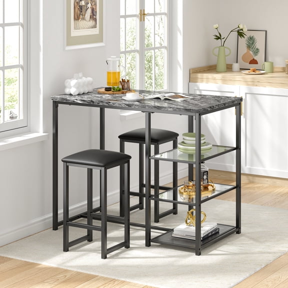 VECELO Bar Table and Chair Set, Dining Tables with 2 Bar Stools, Kitchen Counter with 3 Tier Storage Shelves, Counter Height Dining Tables & Chairs for Kitchen, Living Room, Marble Black