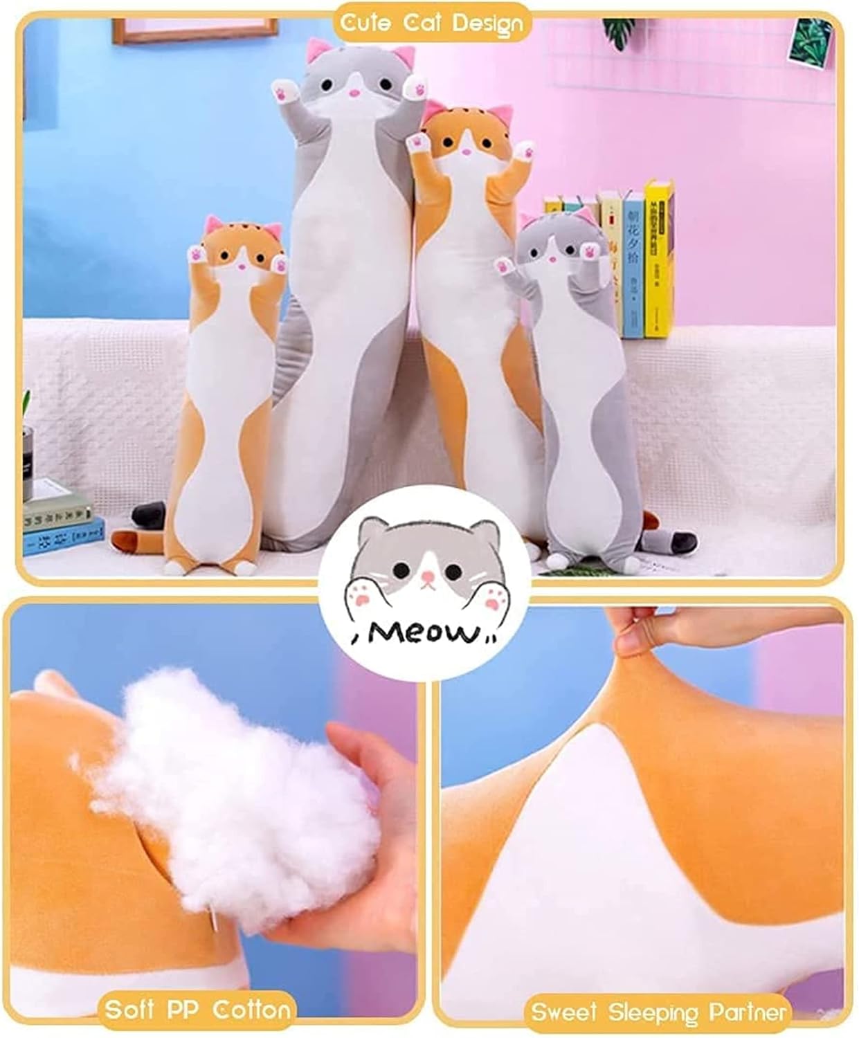 Oreiller Long En Peluche Mignon Chat Panda - Coussin Doux Et Moelleux Pour Sommeil Et Décoration