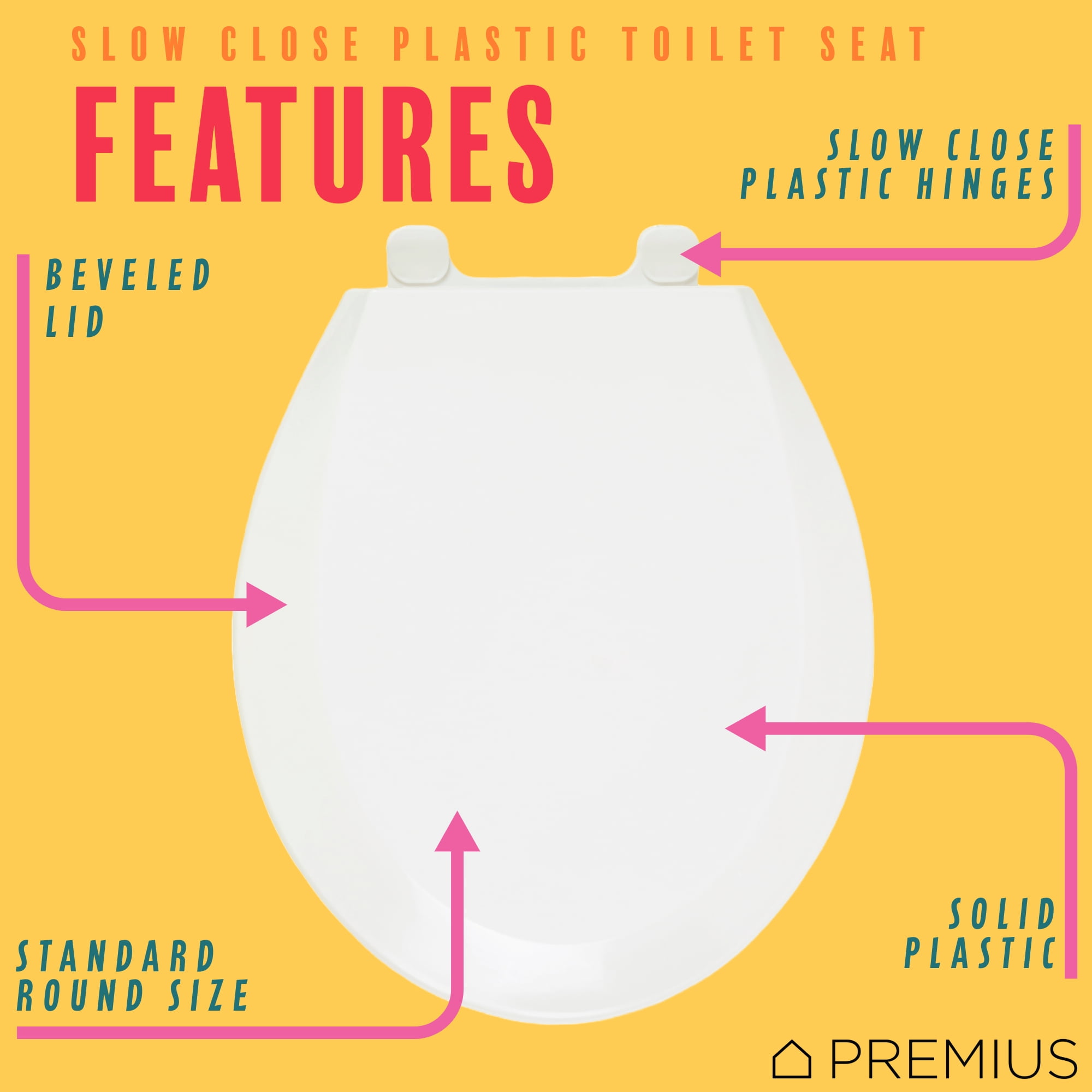 PREMIUS Slow Close Beveled Plastic Toilet Seat, White, Standard Round, 17 Inches