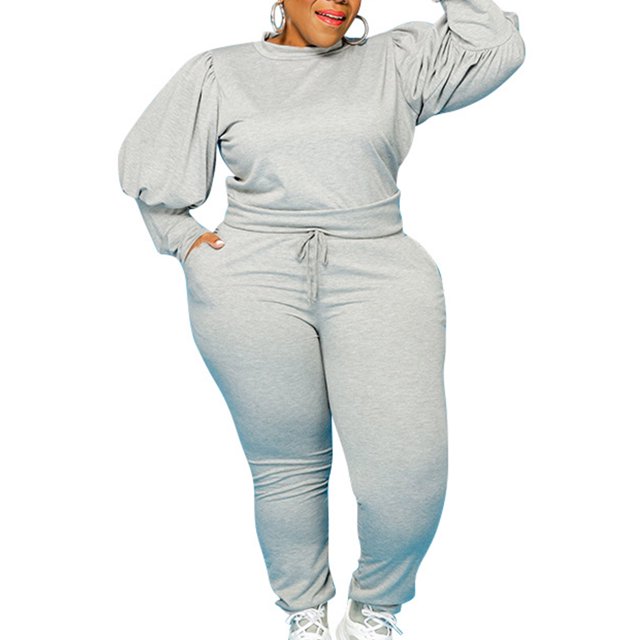 Fashnice Ladies Crop Sweatshirt And Pant Plus Size Jogger Set Crew Neck Two Piece Outfit Loose Fit Sports Tracksuit Sets Light Gray 3XL