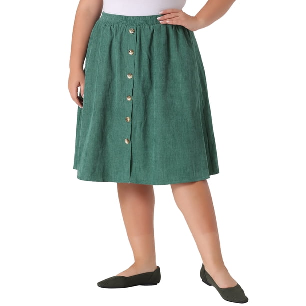 Faldas midi de pana de talla grande GRACE & GRANDEUR para mujeres, con cintura alta elástica, botones frontales, falda en A con bolsillos, 4X verde