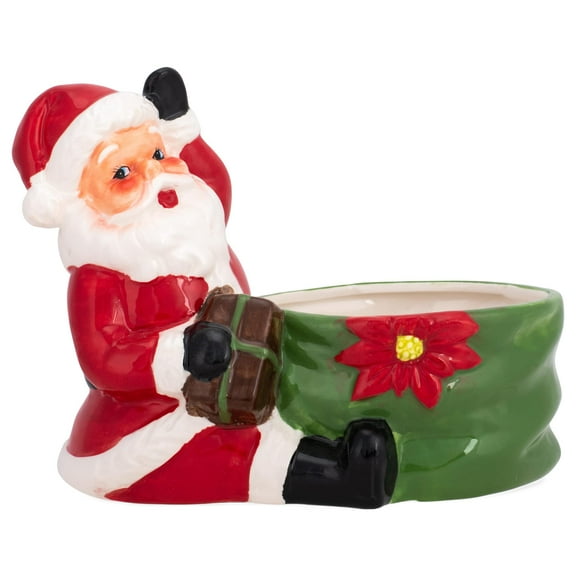 Transpac Santa Ceramic Candy Dish, Christmas Decoration, 8" Red and Green Serving Bowl
