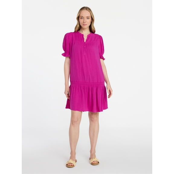 Time and Tru Women's Cotton Double Cloth Mini Dress with Drop Waist, Sizes XS-XXXL