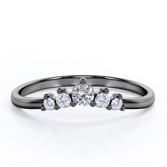 Five-Stone Prong Cluster - 0.15 TCW Round Cut Moissanite - Curved Design Stackable Ring - 18K Black Gold Plating over Silver