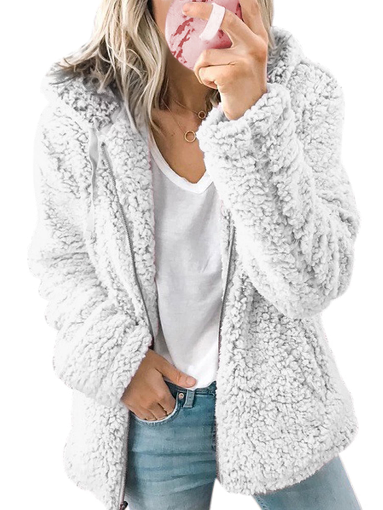 TIMEMEAN Womens Coats Fuzzy Fleece Faux Fur Hooded Zipper Open Front Fluffy Winter Jacket Outwear