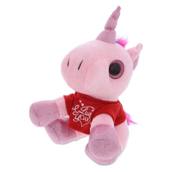 DolliBu I LOVE YOU Sparkling Big Eye Pink Unicorn Plush - Stuffed Animal with Red Shirt For Valentine, Anniversary, Romantic Date, Cute Fantasy Plush Toy Gift For Boyfriend or Girlfriend - 9"