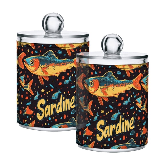 Yayeee 2 Pack Qtip Holder Bathroom Cotton Swab Canister with Lid Clear Dispenser Set, Black Sardines Pattern