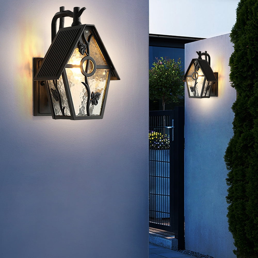 Loyalheartdy Outdoor Wall Sconces Light Retro European Style Metal Wall Light w/Frosted Glass Lampshade for Gardens Courtyard