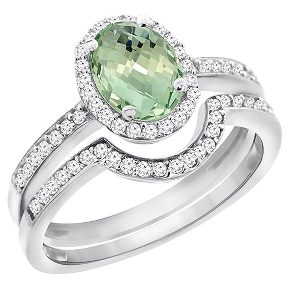10K White Gold Diamond Natural Green Amethyst 2-Pc. Engagement Ring Set Oval 8x6 mm, sizes 5 10 by WorldJewels