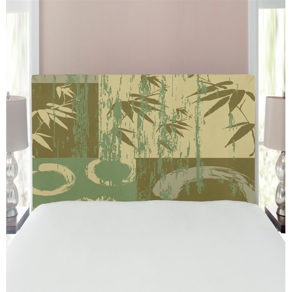 Bamboo Print Headboard, Circle and Bamboo Silhouette over Vintage Color Oriental Eastern Patchwork Art, Upholstered Decorative Metal Bed Headboard with Memory Foam, Twin Size, Green, by Ambesonne