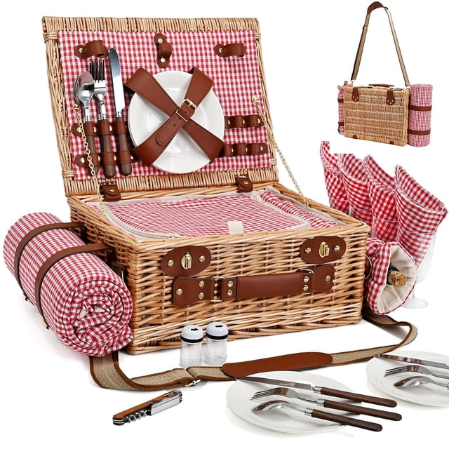 Cesta de Picnic SatisInside para 4 Personas con Manta y Bolsa para Vino Roja