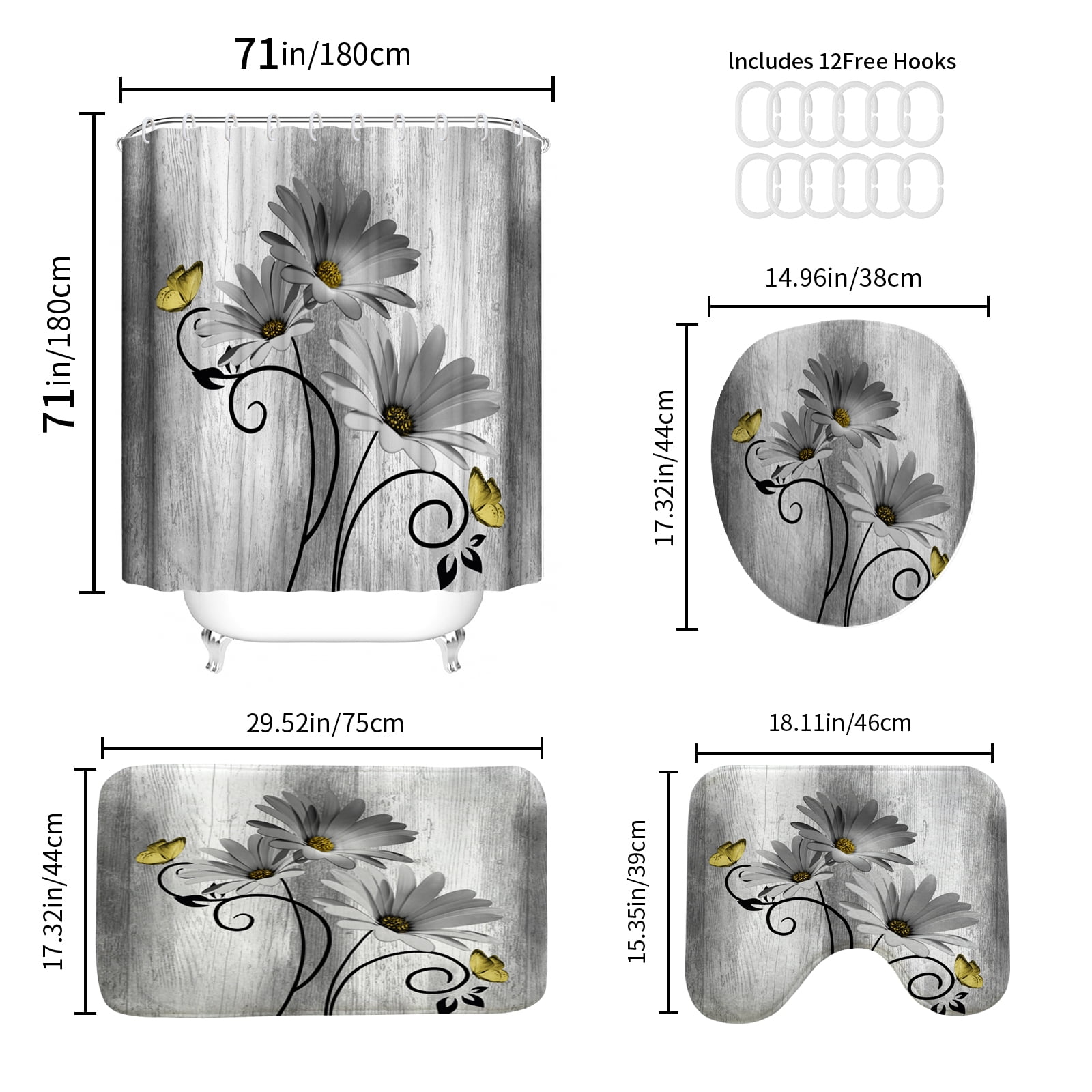 Hadint 4Pcs Gray Daisy Floral and Butterfly Shower Curtain Set, Shower Curtain and Rug Set, 12 Pcs Hooks, 71inx71in