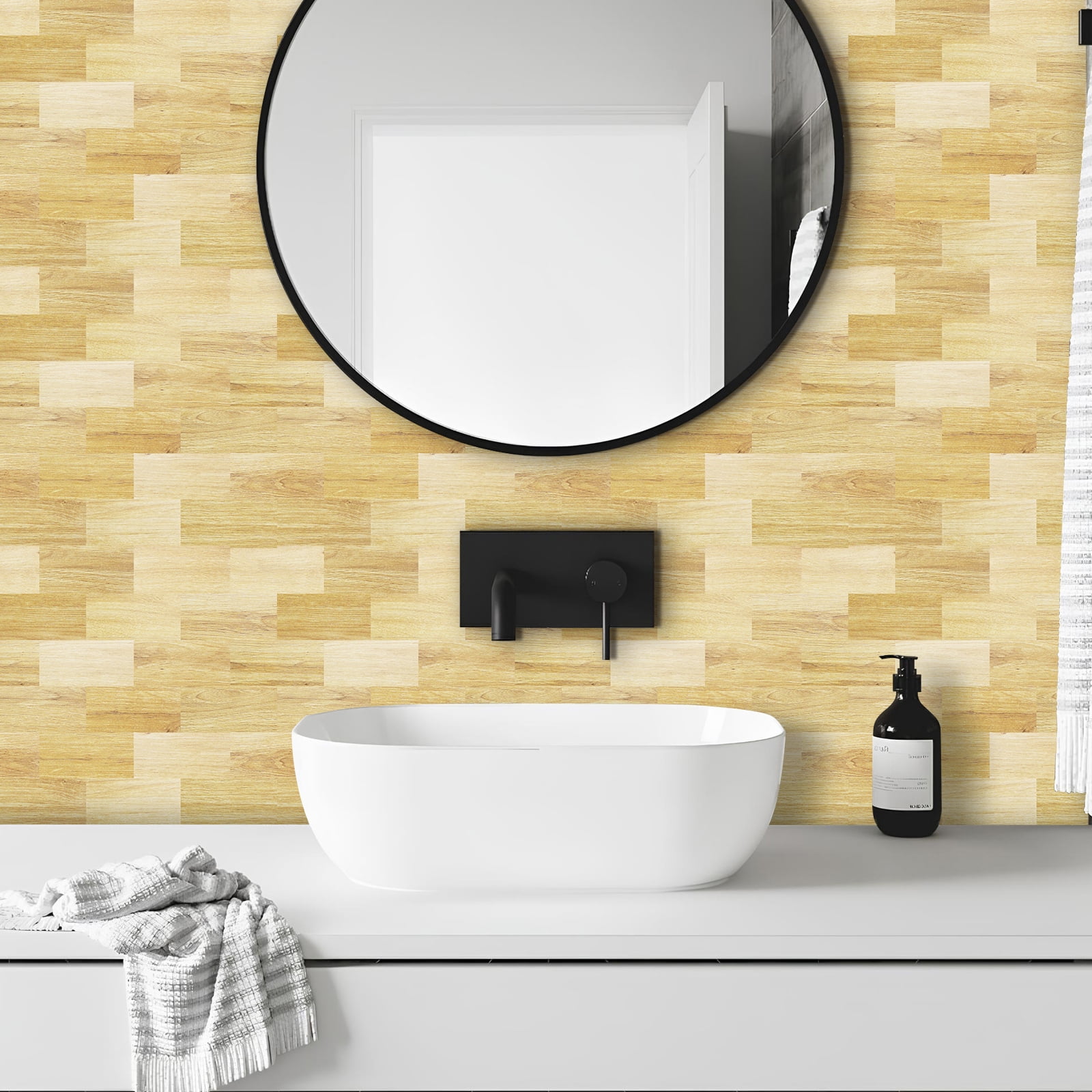 DEWOO 10-Sheet Peel and Stick Backsplash Wall Tile Self Adhesive, Stickon Tile for Kitchen Backplash, Bathroom Vanities, Fireplace Decor, Laundry Table, Stair Decals in Yellow Woodgrain