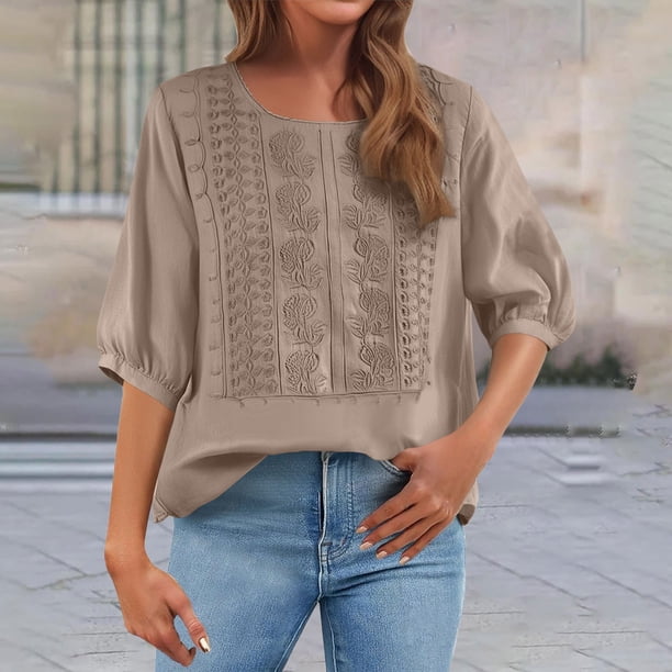 TaTaai Women's Short Sleeve T-Shirt / Vintage Embroidery Loose-Fit Round Neck Blouse / Cotton-Linen Breathable Casual Top Gift