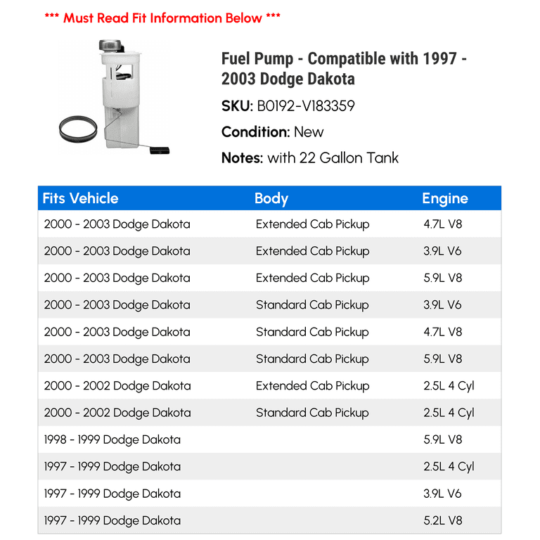 New Fuel Pump 1997-2003 Dodge Dakota Pickup 2.5L 3.9L 4.7L 5.2L 5.9L GAM235