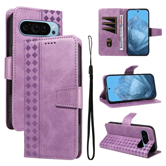 for Google Pixel 10 Pro XL Wallet Case,PU Leather Flip Case with Kickstand,Magnetic Closure Wrist Strap 3 Card Slots&1 Cash Pocket Shockproof Full Body Protection for Google Pixel 10 Pro XL,Purple