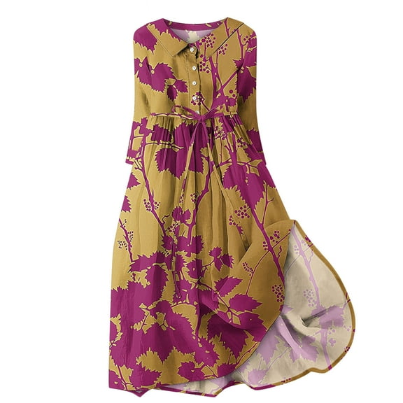 BangWanChi Red Dresses for Women Women Casual Temperament Elegant Loose Printed Lace Up Button Pleated 3/4 Sleeves Flip Collar Dress