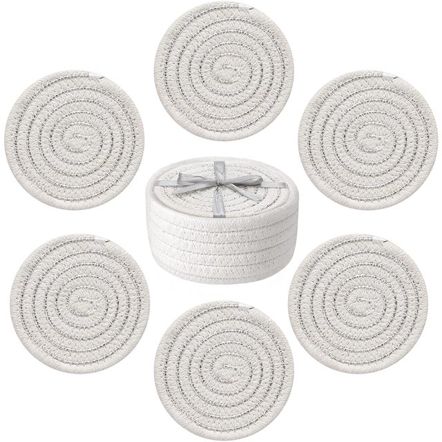 Panier de Rangement avec Porte-Boisson Tissé Corde en Coton Fait Main Absorbant Ensemble de 6 (4.3 Pouces, Rond) Résistant à la Chaleur Excellent Cadeau pour Pendaison de Crémaillère