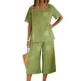 thumbnail image 2 of LEWKW Summer Outfits for Women Short Sleeve V Neck Top And Wide Leg Capri Pants Matching Sets Boho Print Linen Blend 2 Piece Sets Beach Vacation Wear, 2 of 9