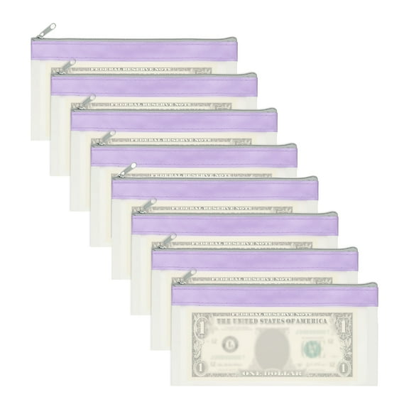 8.5x4 Inch Money Bags with Zipper, 8Pcs Clear Cash Deposit Bank Pouch Envelopes Check Wallet for Coin Cosmetics Invioce Bill, Purple