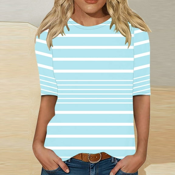 BLTIBY Womens 3/4 Sleeve Shirts Spring Fall Striped Printed Round Neck Top Fashion Comfortable Loose Pullover Blouse Blue M