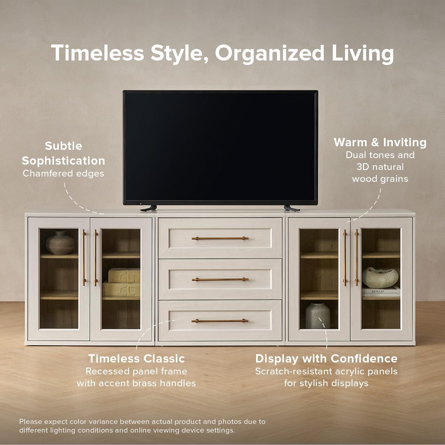 Mopio Blake 3 Piece Entertainment Center with Storage, Modern Farmhouse Modular Storage Cabinet Dresser TV Stand for up to 65" TVs, Side Display Case, Media Console Cabinet, Living Room (White)