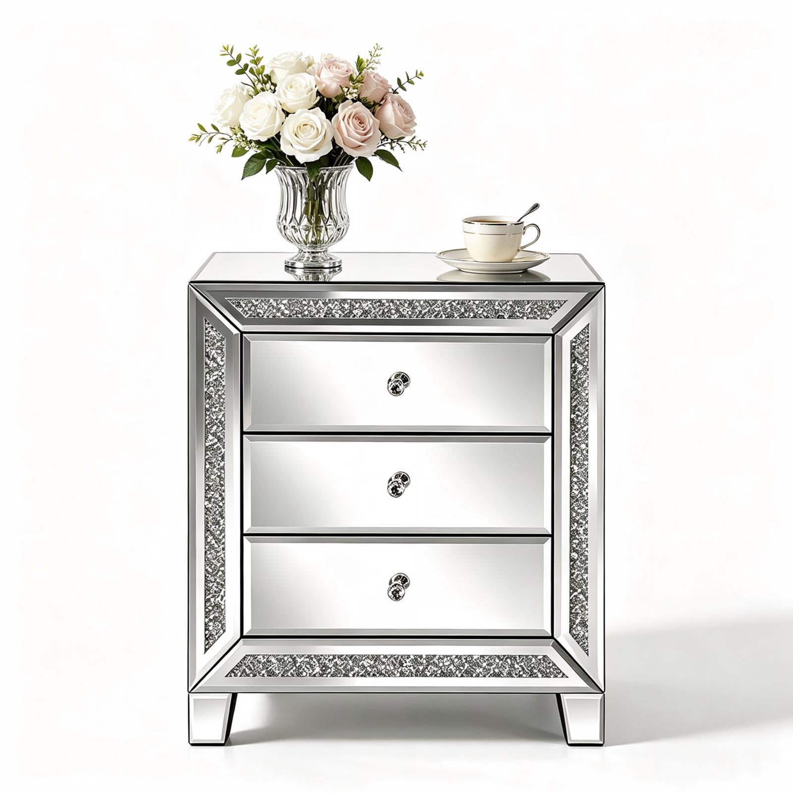 3-Drawer Mirrored Nightstand with Diamond Accents, MDF Bedside Table and Storage Cabinet, for Bedroom, Sofa Side, Entryway