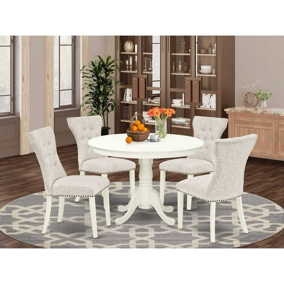 East West Furniture Dining Room Set Linen White, HLGA5-LWH-35 4 Person Seating 29.5 inch Round Table Height