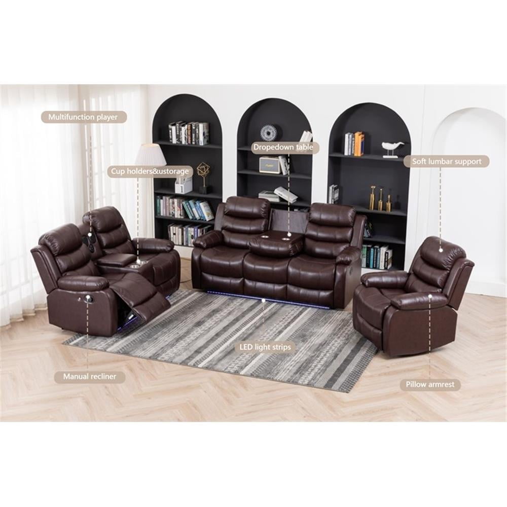 Pemberly Row Leather Multi Functional Sofa Set Reclining Living Room Set Brown