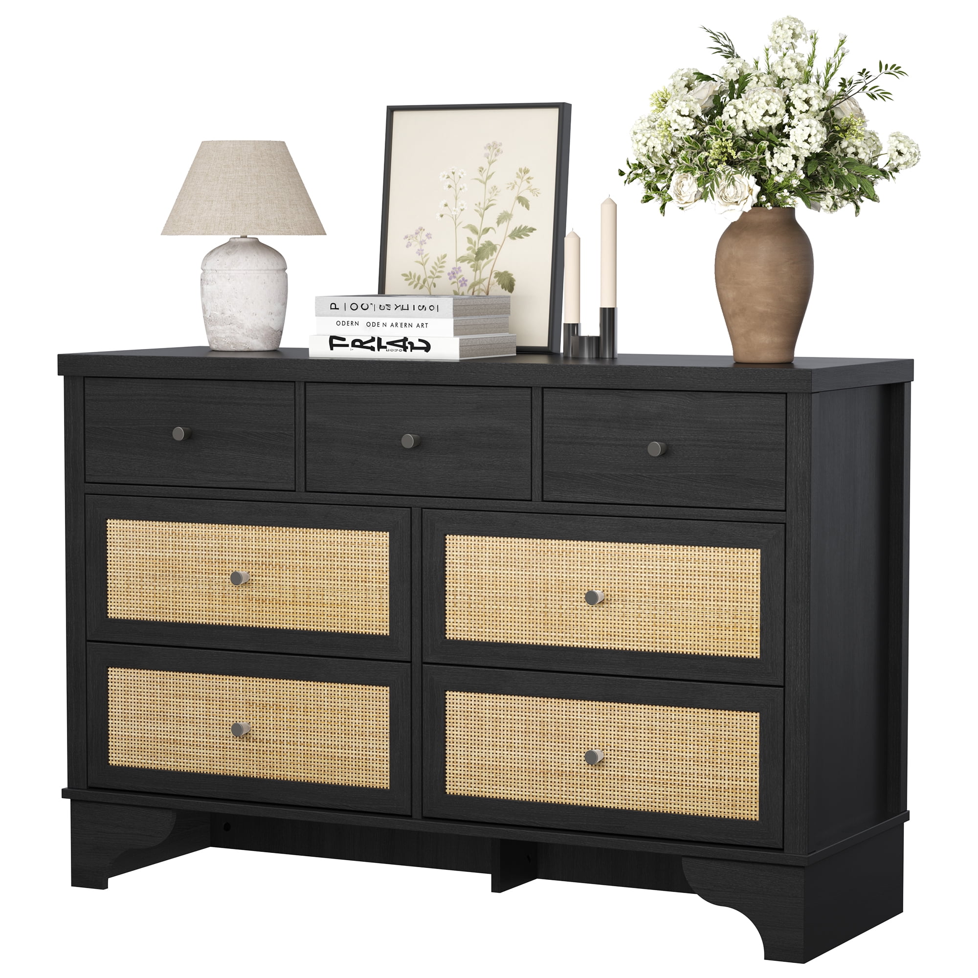 7-Drawer Rattan Dresser – Wide Mid-Century Chest for Bedroom Living Room or Nursery – Boho Storage Cabinet – Spacious Drawers – Sturdy Wood Construction – Black