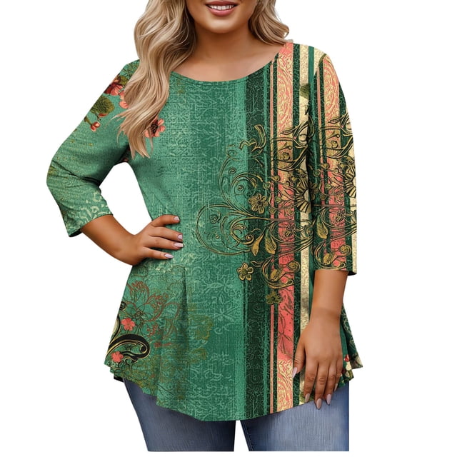 Hauts Grande Taille pour Femmes Manches 3/4 Col Rond Coupe Ample T-Shirt Décontracté Polyester