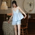 thumbnail image 2 of Defitshape Women's Cute Pajamas Set Cotton Vintage Victorian Pjs Soft Summer Sleepwear V-Neck Comfy 2 Piece Spring Lightweight Light Blue Small, 2 of 4