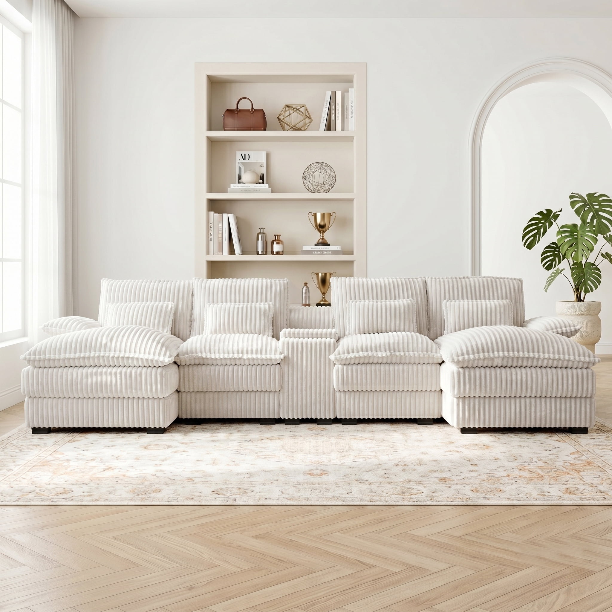 ANPPORT 124" U Shaped Cloud Modular Sectional Sofa, Corduroy Deep Seat Couch with Storage Console, USB Ports & Cup Holders for Living Room, White