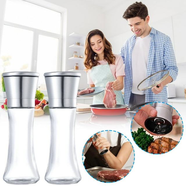 Linnome Refillable Stainless Steel Pepper Salt Grinder Set Adjustable Coarseness Glass Body Spice Mill Needs