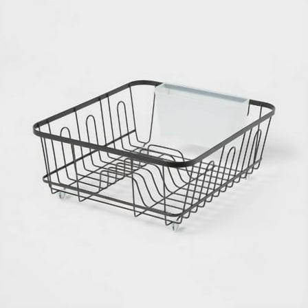 Small Steel Dish Drainer Black -  Freestanding Dish Drying Rack with Utensil Holder, Powder-Coated Steel
