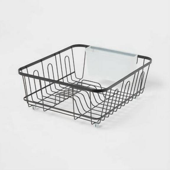 Small Steel Dish Drainer Black -  Freestanding Dish Drying Rack with Utensil Holder, Powder-Coated Steel