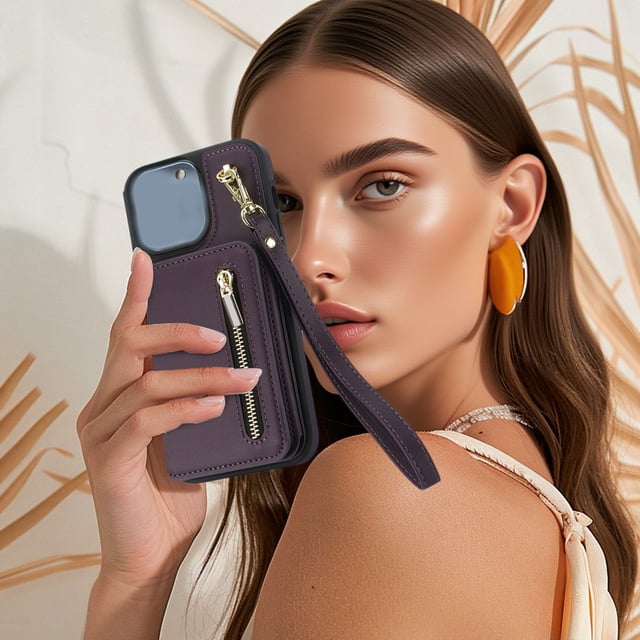PU Leather Flip Phone Wallet with Hand Strap Card Slots and Detachable Lanyard for 17 Protective Cover