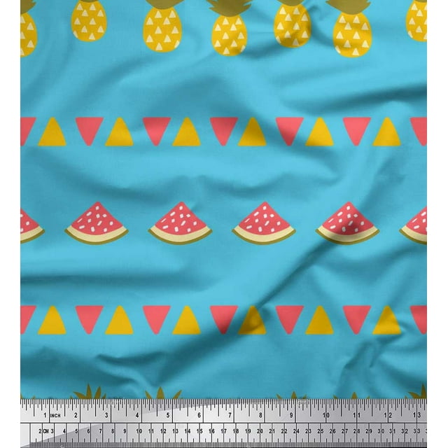 Soimoi Blue Rayon Fabric Triangle,Pine & Watermelon Fruits Print Fabric by Yard 56 Inch Wide